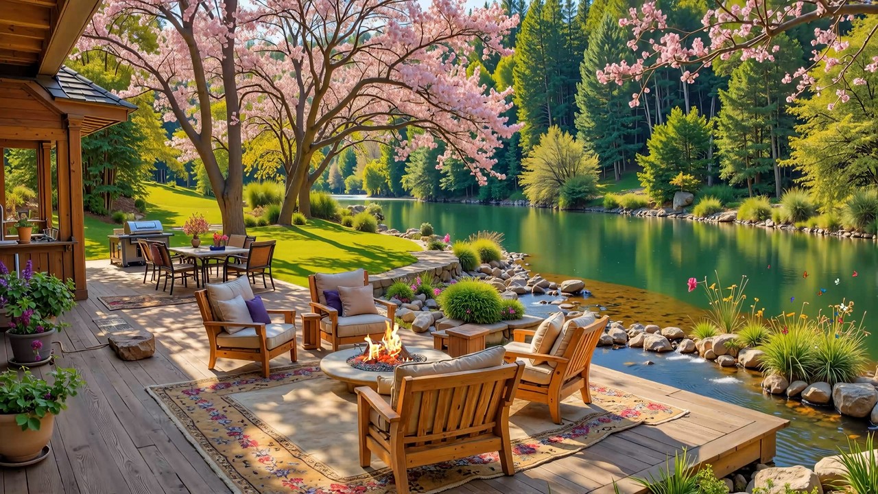 Spring Nature Ambience 🌸🔥 Lakeside Campfire, Birds & Water Sounds for Relaxation