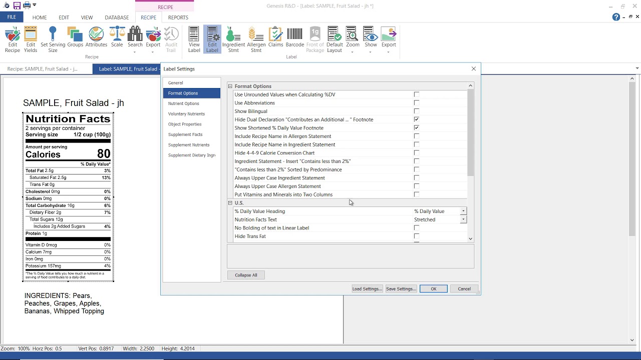 Displaying and Modifying a Nutrition Facts Panel in Genesis R&D Foods