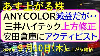 ANYCOLOR減益だが・・。三井ハイテック上方修正。フジクラ急騰。ENEOS急騰。安田倉庫に～あす上がる株　2026年９月１０日（木）に上がる銘柄。最新の日本株情報。高配当株の株価やデイトレ情報