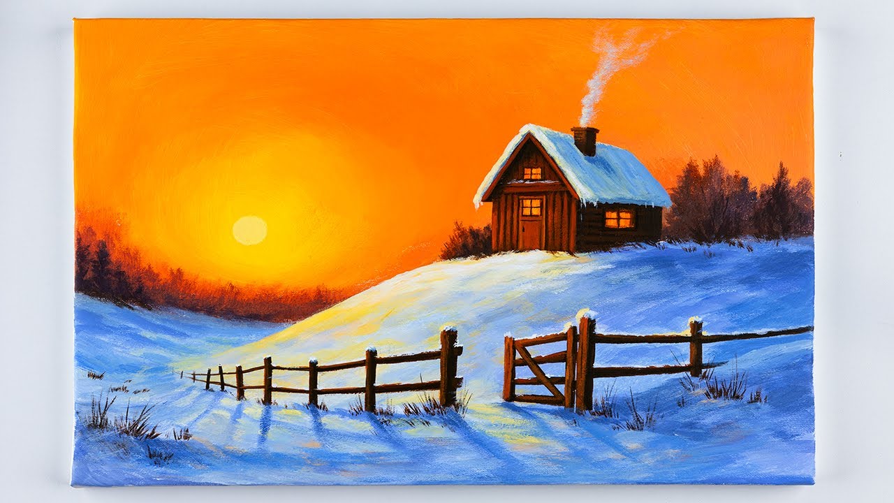 Простой урок зимнего пейзажа со снегом для начинающих | Акрил по холсту