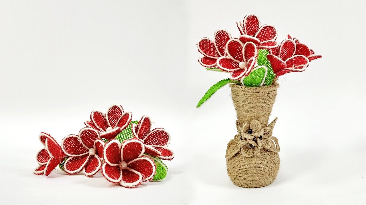 DIY Jute Flower Vase Burlap Flower Making Idea Crafts Junction