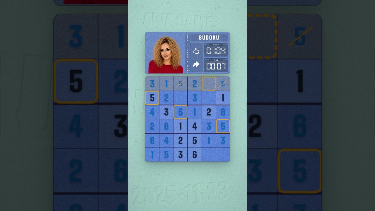 LinkedIn Mini Sudoku #104 solved board for November 23, 2025, 6x6 grid