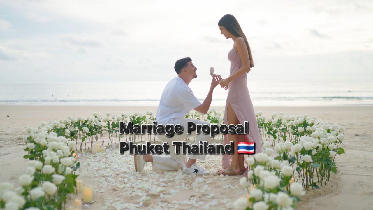 Sunset Proposal in a Circle of White Roses and Candles on Phuket Beach #marriageproposalphuket