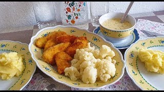 Шницель!Чесночный соус!Картофельное Пюре с чесноком!Цветная капуста!