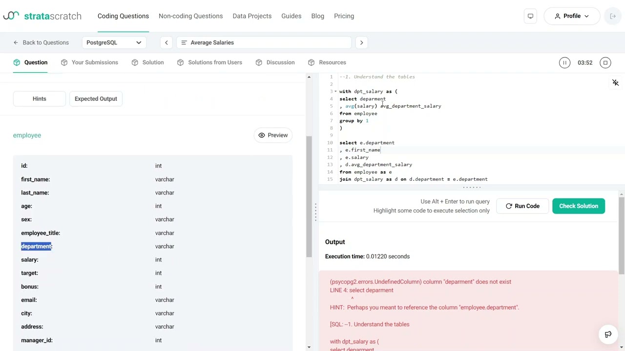 Mock SQL Interview Problem: Glassdoor Average Salary (easy)