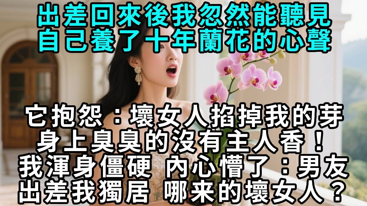 出差回來後，我忽然能聽見自己養了十年蘭花的心聲，它抱怨：「壞女人掐掉我的芽，身上臭臭的沒有主人香。」我渾身僵硬，內心懵了：男友出差我獨居，哪有壞女人？