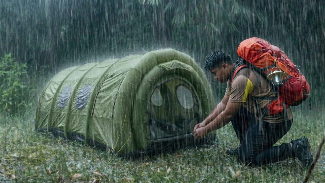 SOLO CAMPING IN A POWERFUL HEAVY RAIN - STRUGGLE TO BUILD SHELTER IN ...
