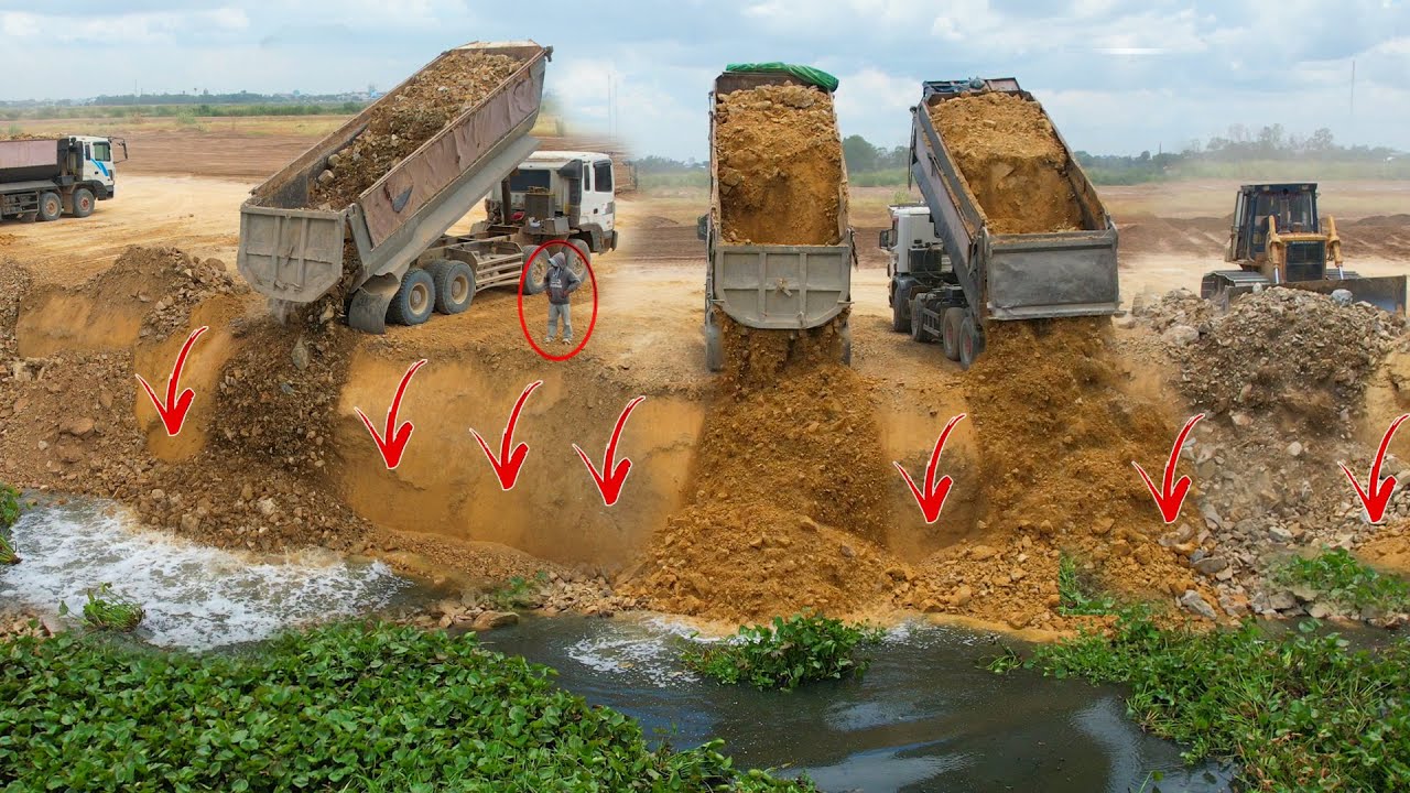 Perfectly First Lake Filling By Skill Komatsu D58p Dozer Pushing Stone And DumpTruck Dumping Stone