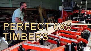 SAWING OUT PERFECT 6X6 WHITE OAK TIMBERS ON THE WOOD-MIZER SAWMILL,