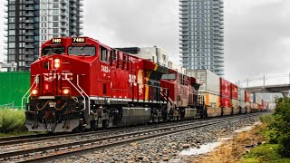 VERY RARE! Double CPKC T4s! CP 7483 new paint unit leading CP Stack train Eastbound arriving Calgary