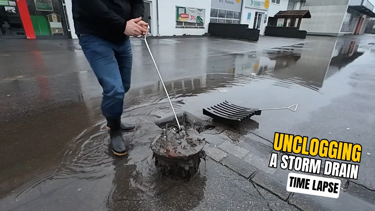 #064-2 - Time Lapse - Unclogging a storm drain on a parking space after ...