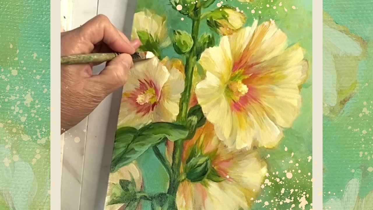 Acrylic Painting of Hollyhocks Flowers