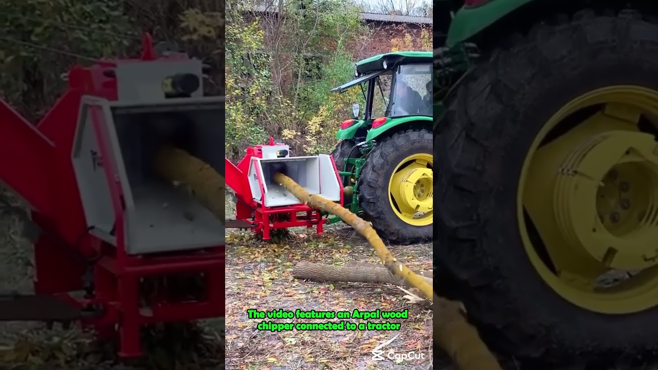 Tractor Powered Wood Chipper in Action