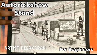 Drawing Autorickshaw Stand Composition | For Beginners | Tutorial | #composition #perspective