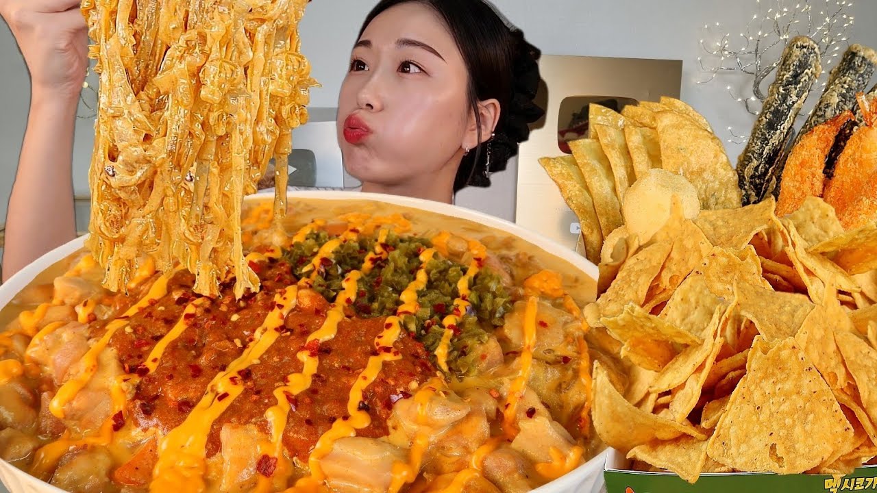 ASMR 소스가 꾸덕을 넘어섰어요🤤 당면가득 두찜 타코라구요 찜닭 튀김 리얼먹방 :) Taco cream steamed chicken MUKBANG