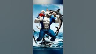 Daddy Cat vs. Shark 🐈👊🏽🦈#catfight #cats #meow #catshorts  #kitten #catdad #catlover #aicat #catfight