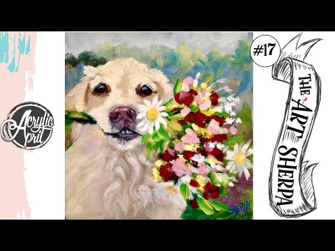 Easy Dog with bouquet  loose step by step Acrylic April day #17