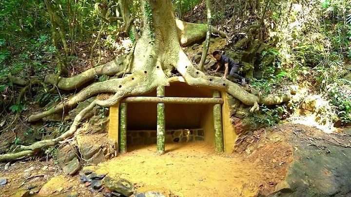 50 Days of Chiseling Rocks to Build an Underground House Under a Giant Tree  Survival Camping Alone