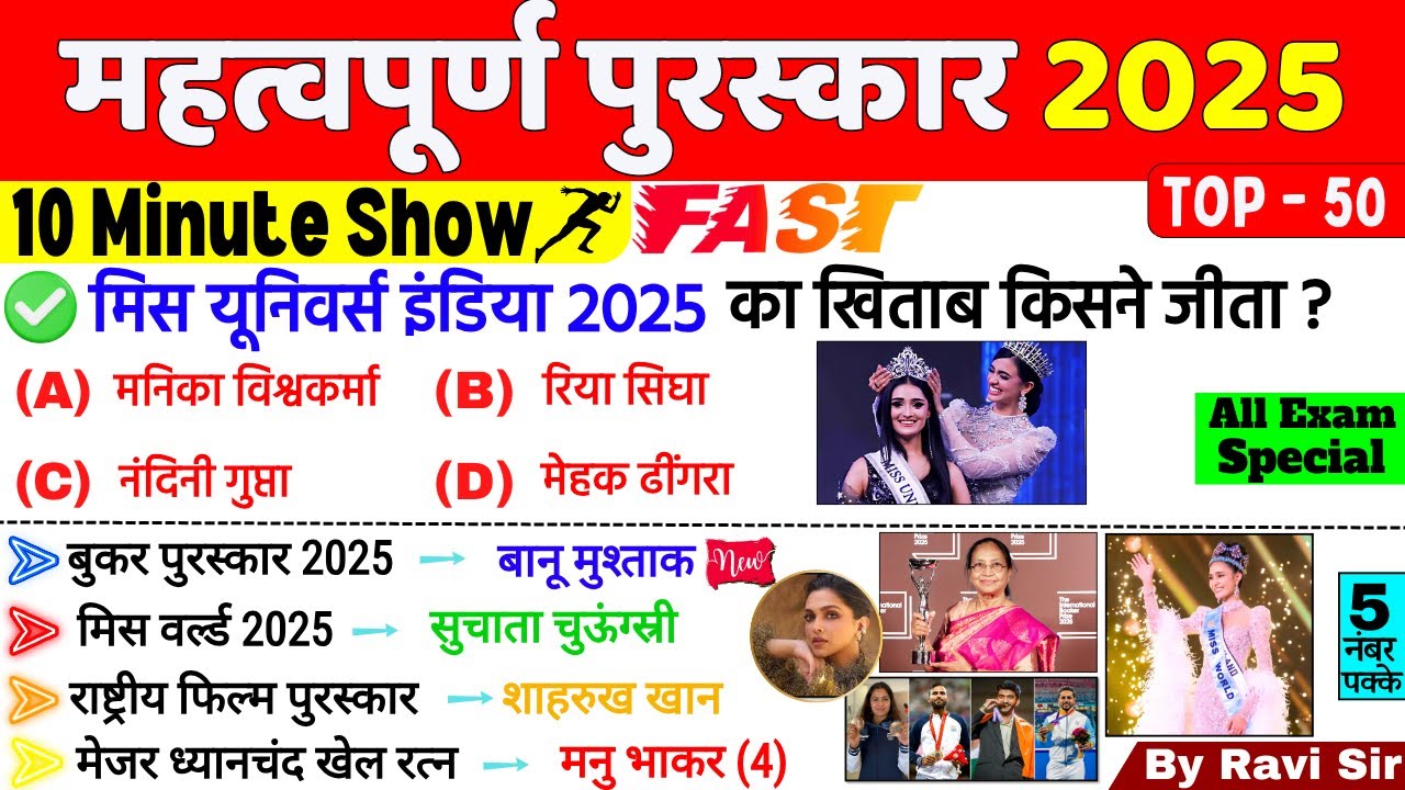 पुरस्कार एवं सम्मान 2025 10 Minute Current Affairs | Important Awards and Honours | Puraskar 2025