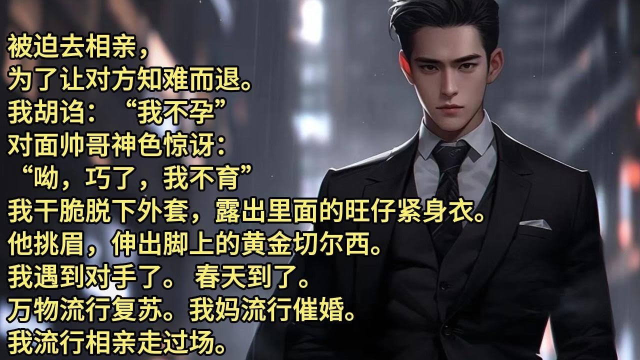 被迫去相亲。   为了让对方知难而退。 我胡诌：「我不孕。」 对面帅哥神色惊讶：「呦，巧了，我不育。」我干脆脱下外套，露出里面的旺仔紧身衣。他挑眉，伸出脚上的黄金切尔西。我 ...遇到对手了。