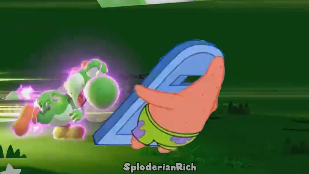 Yoshi beats up Patrick in Smash Bros.