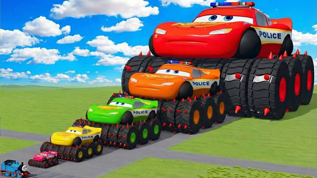 Big & Small Lightning McQueen Police cars vs Thomas Trains | BeamNG.Drive