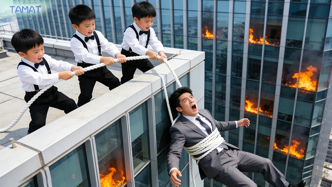 Kebakaran!CEO terjebak di lantai atas,tak ada yg berani!3 anak panjat selamatkan—takdir berubah!