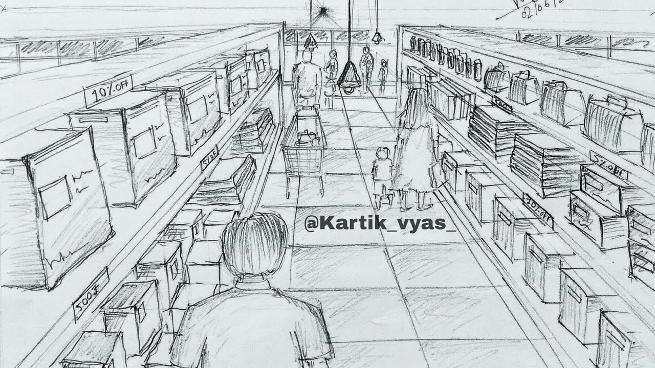hand sketch perspective view of supermarket  Interior design sketches  Interior architecture drawing Interior design drawings