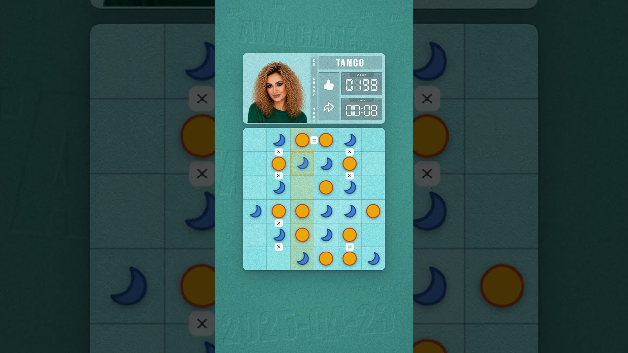 LinkedIn Tango #198 solved board for April 23, 2025, 6x6 grid