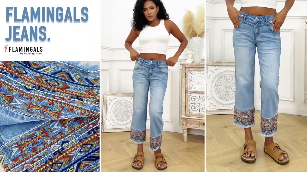 【Flamingals】Tribal Embroidery Raw Hem Mid Rise Straight Leg Crop Jeans