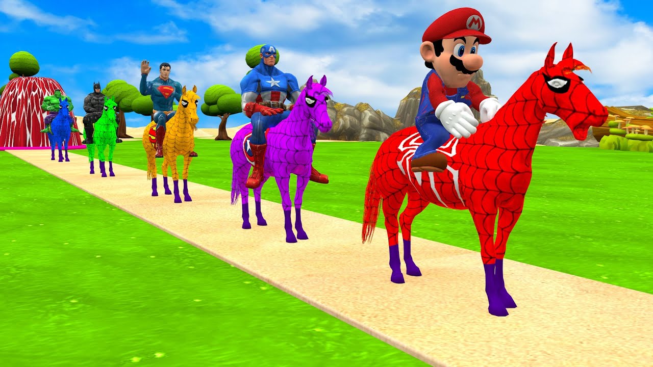 Playing as Spideman in Long Slide Game with Cow Elephant Gorilla - 3d Animal Game - Funny 3d Animals