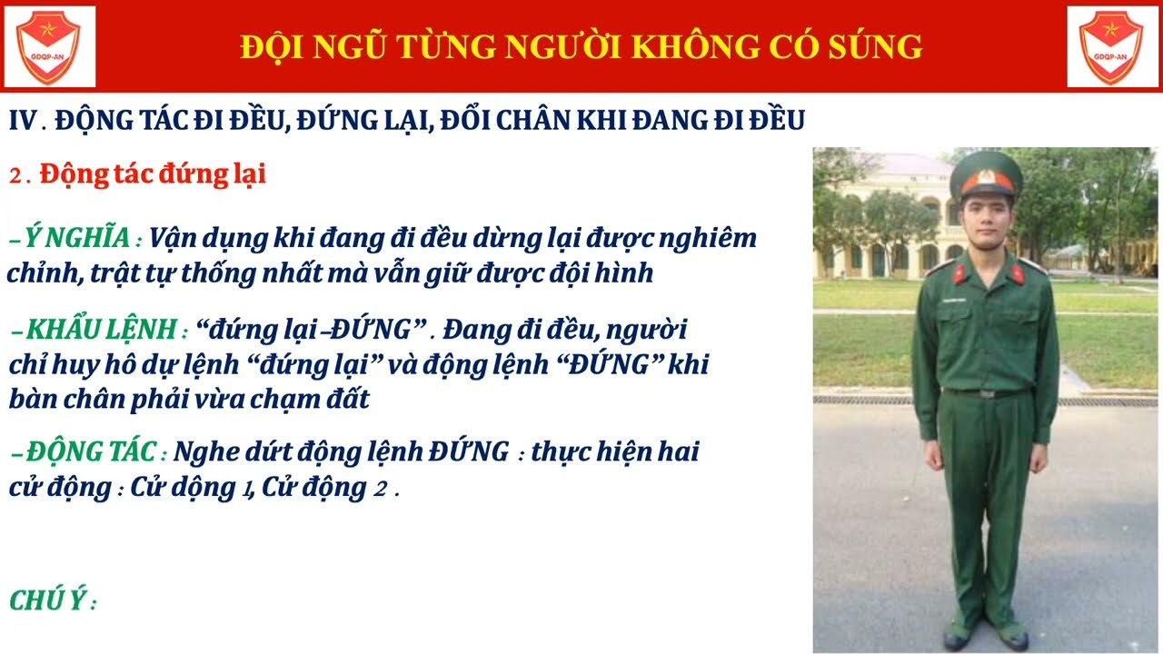 ĐỘNG TÁC ĐI ĐỀU, ĐỨNG LẠI, ĐỐI CHÂN TRONG KHI ĐI - youtube
