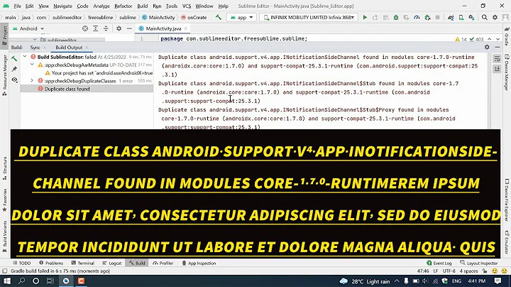 Duplicate class android.support.v4.app.INotificationSideChannel found in modules core-1.7.0-runtime