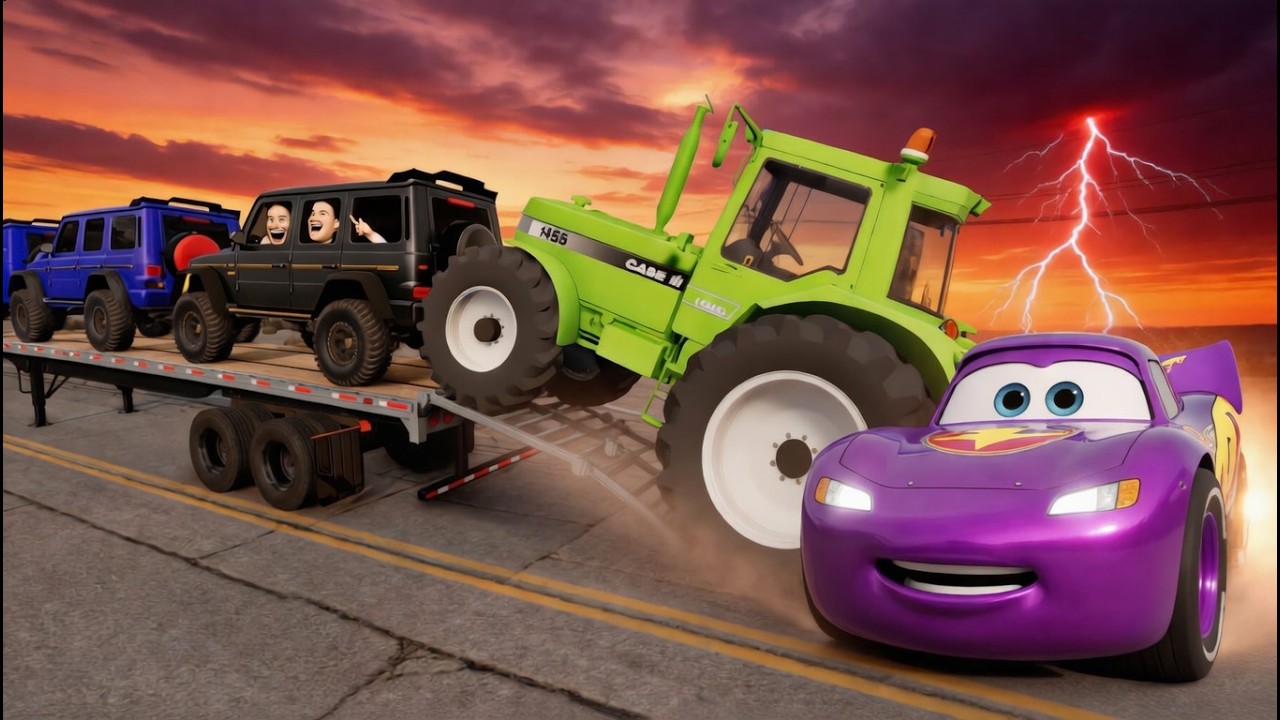 TRANSPORTING PIXAR CARS & FRUITS WITH COLORED & JOHN DEERE vs CLAAS vs TRACTORS - BeamNG.drive