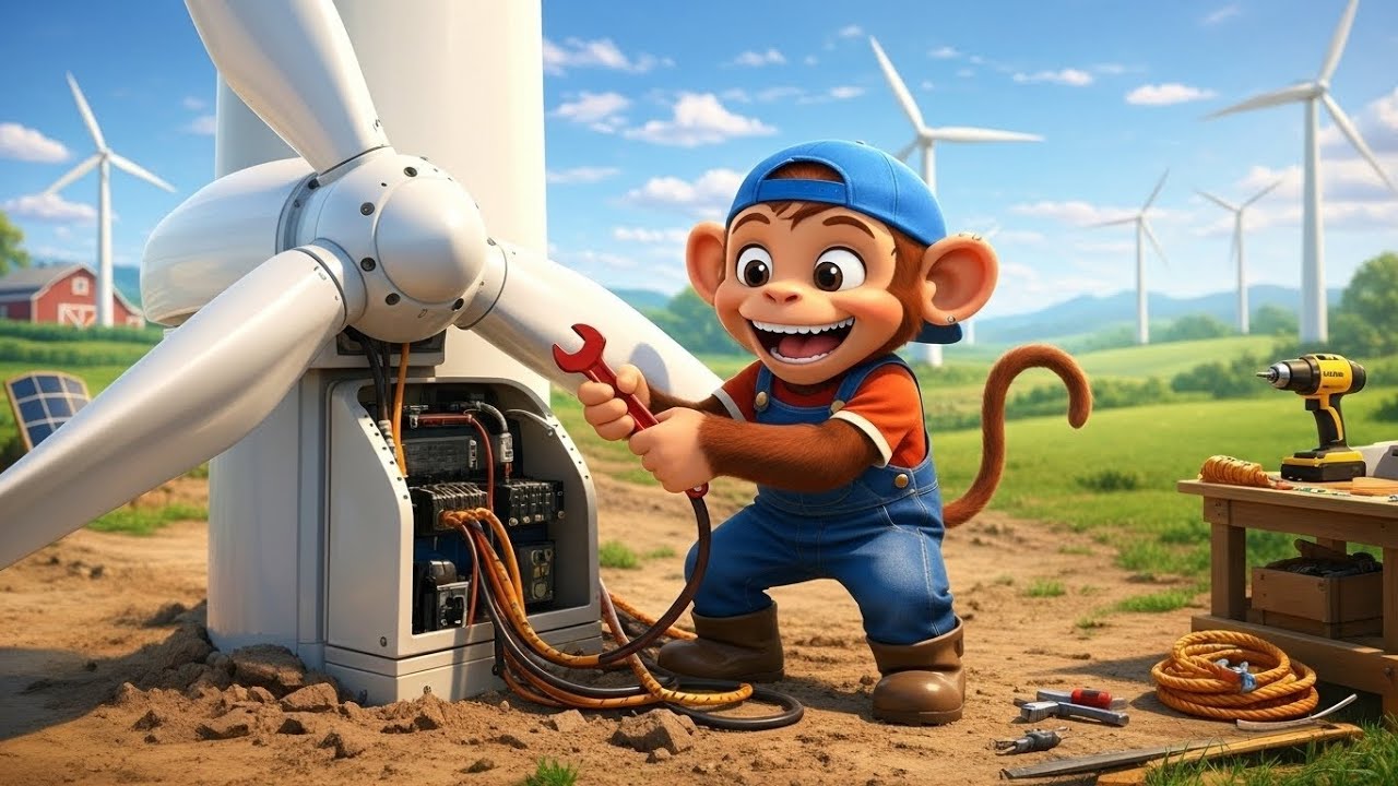 Little Monkey Fixes the Wind Turbine 🌬️🐵 | Kids Cartoon