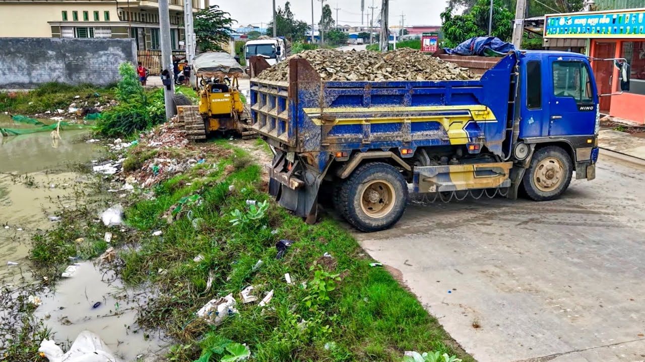 Amazing Start New Project!! Dump Truck Unloading Stone with Komatsu D20P Dozer
