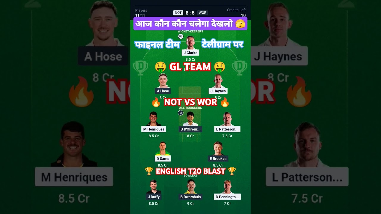 Dream Team NOT VS WOR | T20 Blast 2025 Dream Team Today Match | Nottinghamshire vs Worcestershire