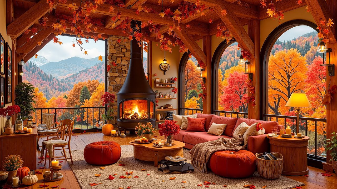 Cozy Cabin Autumn Jazz Ambience 🍂☕Jazz Music with Warm Fireplace for ...