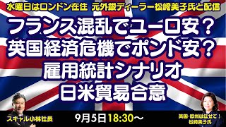 【LIVE放送】9/5 18:30～　フランス混乱でユーロ安？英国経済危機でポンド安？雇用統計シナリオ、日米貿易合意など。本日はロンドン美子氏と解説いたします。