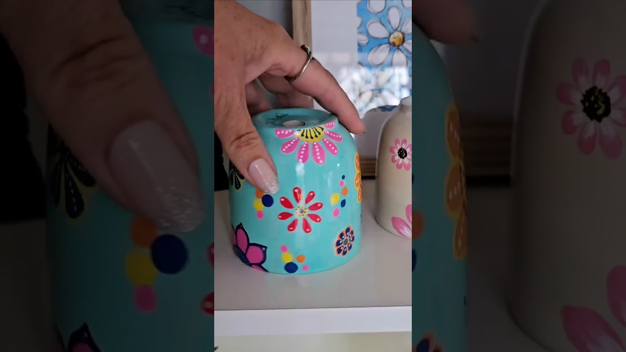 Ceramic pots, handpainted in acrylics and sealed in gloss 