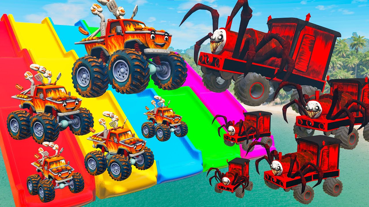 5 MONSTER TRUCK BBQ vs Big & Small Choo-Choo Charles in BeamNG FLY007