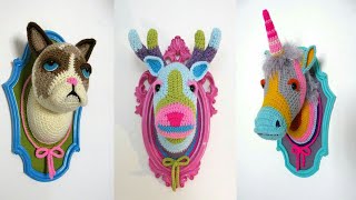Modern handcrafted crochet rhino trophy head \ Textile art animal wall hanging for nursery room