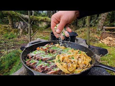Cooking The Ultimate Forest Steak Pasta | Deep Woods Asmr