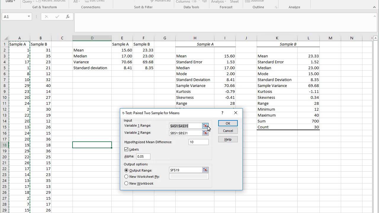 alternative hypothesis on excel