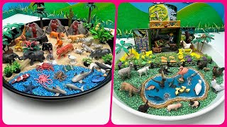 2 Mini World In 2 Black White Tray | Wildlife Animals In Volcano Island  And Farm Animals