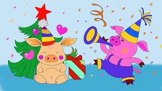 Christmas Card Pig With A Christmas Tree Drawing And Coloring For Kids