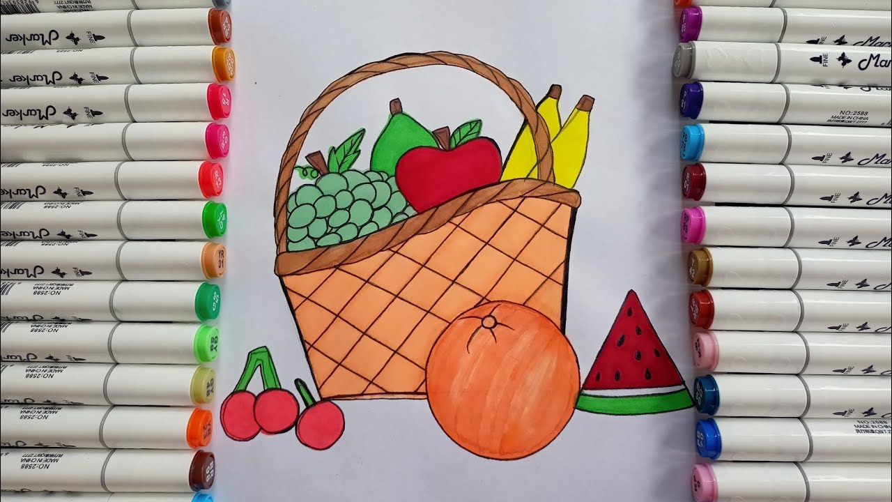 How to draw Fruits with basket Fruits drawing step by step for