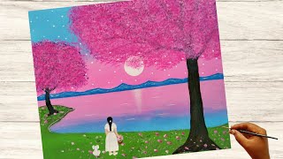 Cherry Blossom Landscape Painting | Happy Girl with Full Moonlight | Spring Lake Painting