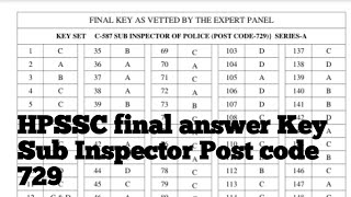 HPSSC final answer Key declared Sub Inspector Post code 729|| Ankit Verma