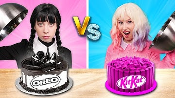 Desafio das Comidas Rosas VS Pretas || Enid vs Wandinha! Truques Incríveis de Comida no Gotcha!